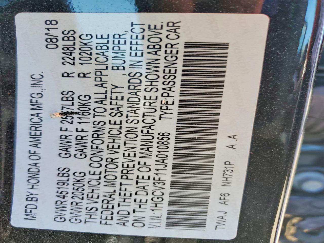2018 HONDA ACCORD