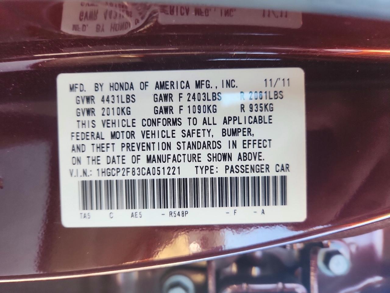 2012 HONDA ACCORD