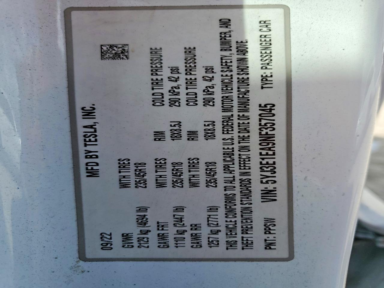2022 TESLA MODEL 3