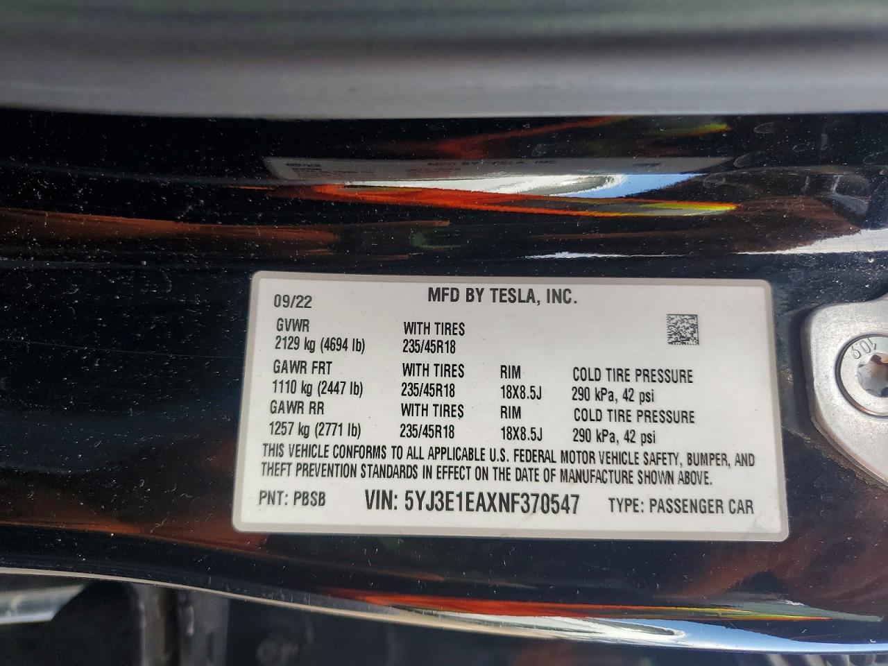 2022 TESLA MODEL 3