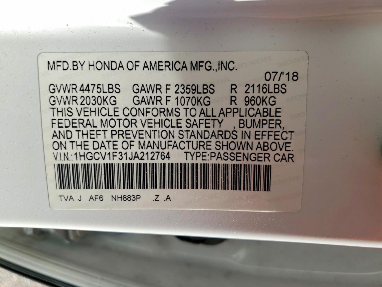 2018 HONDA ACCORD