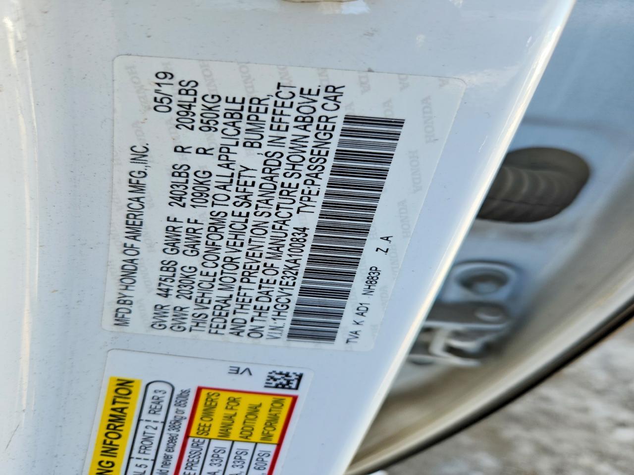 2019 HONDA ACCORD