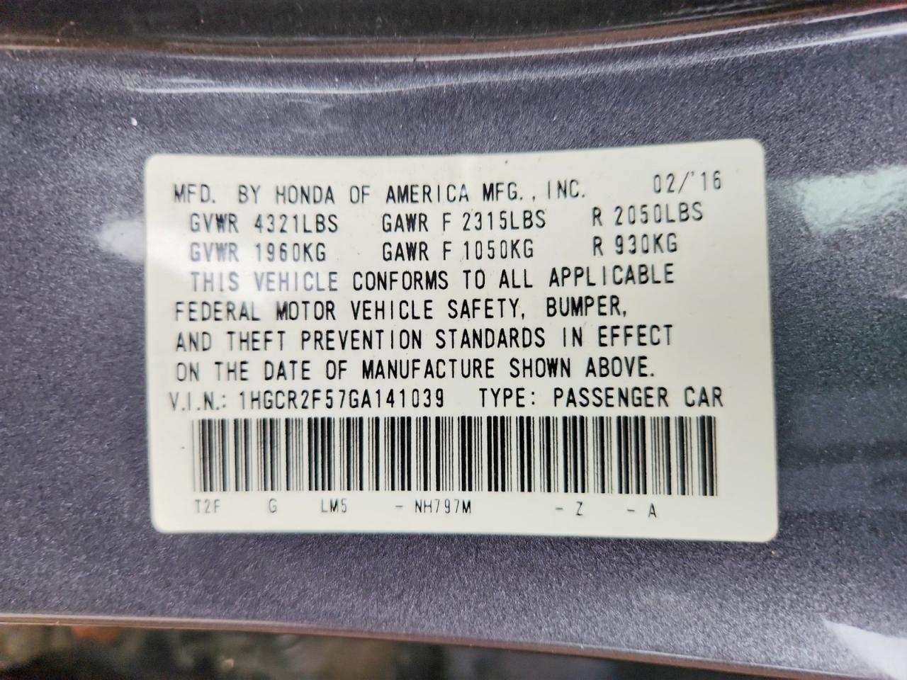 2016 HONDA ACCORD