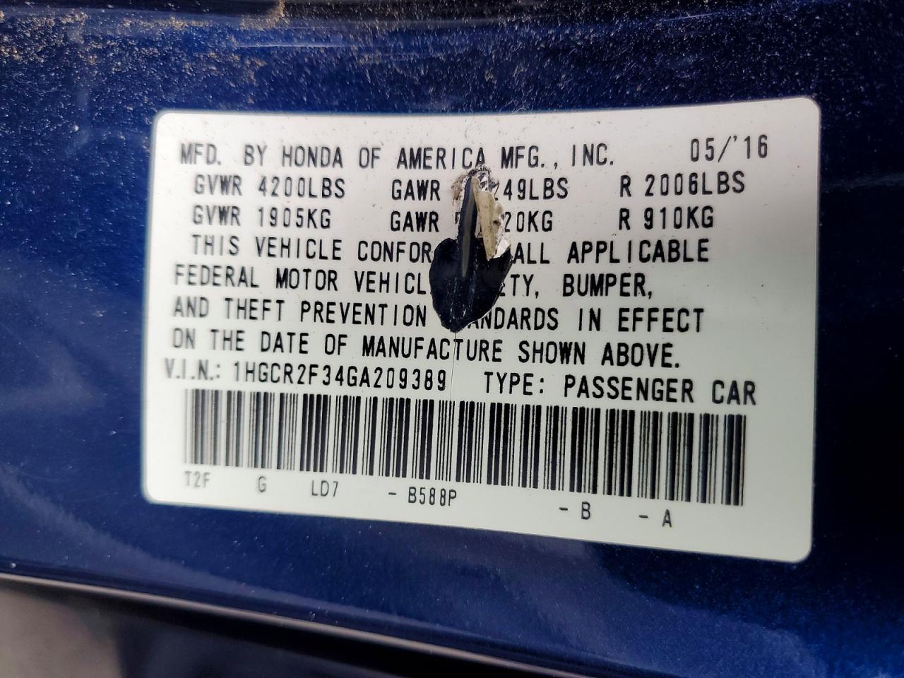 2016 HONDA ACCORD