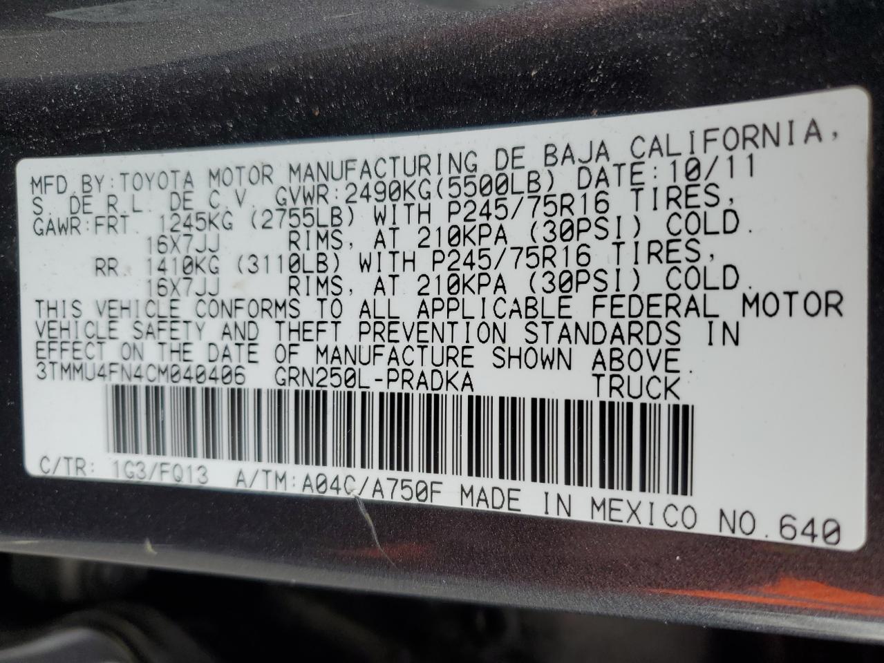 2012 TOYOTA TACOMA