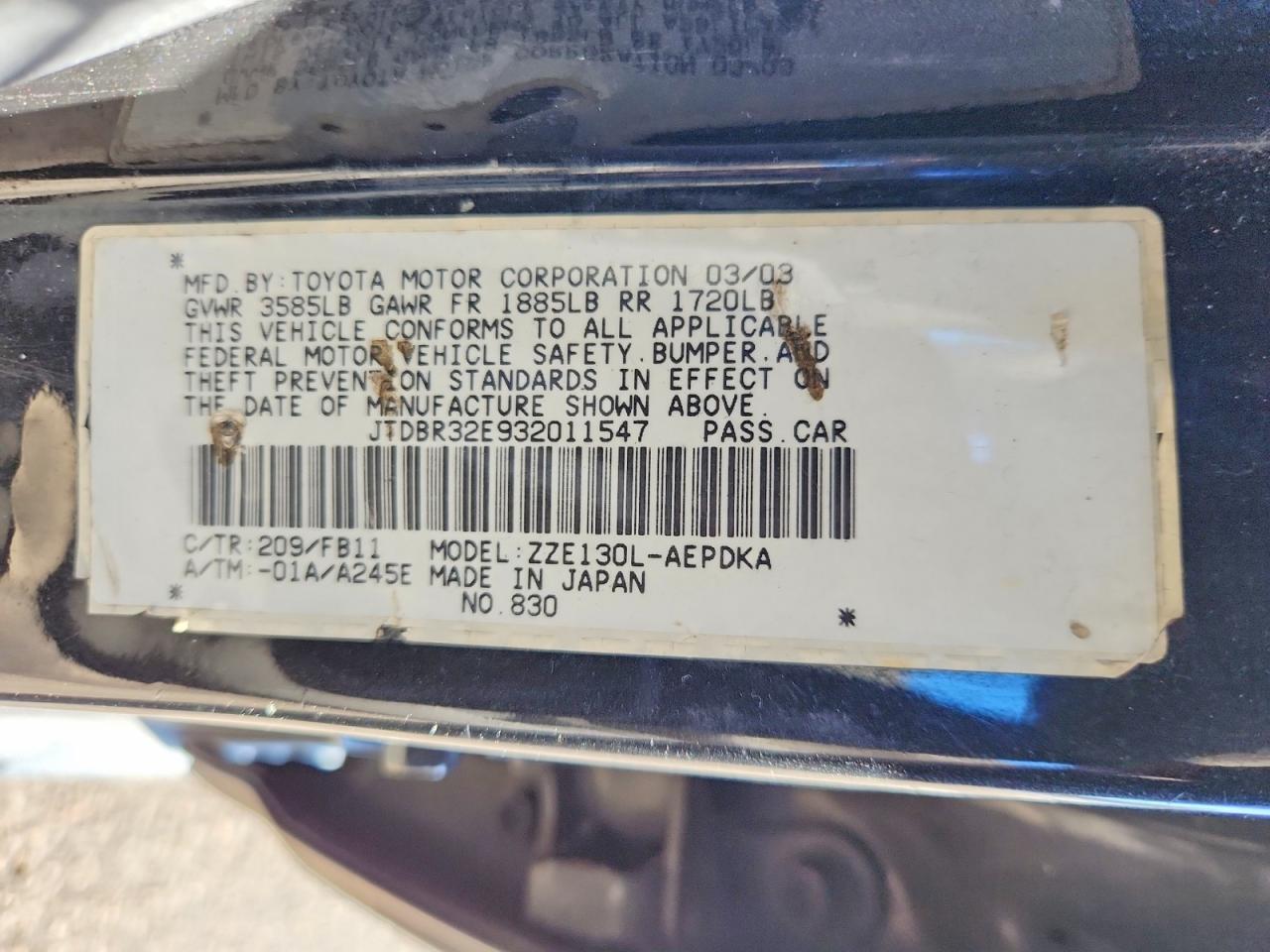 2003 TOYOTA COROLLA