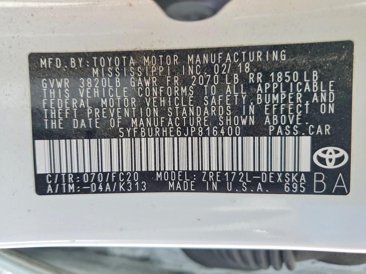 2018 TOYOTA COROLLA