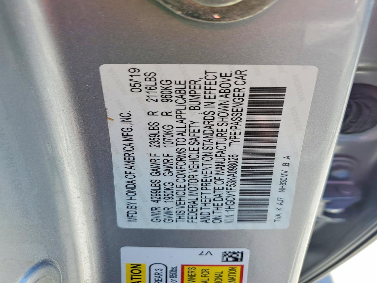 2019 HONDA ACCORD