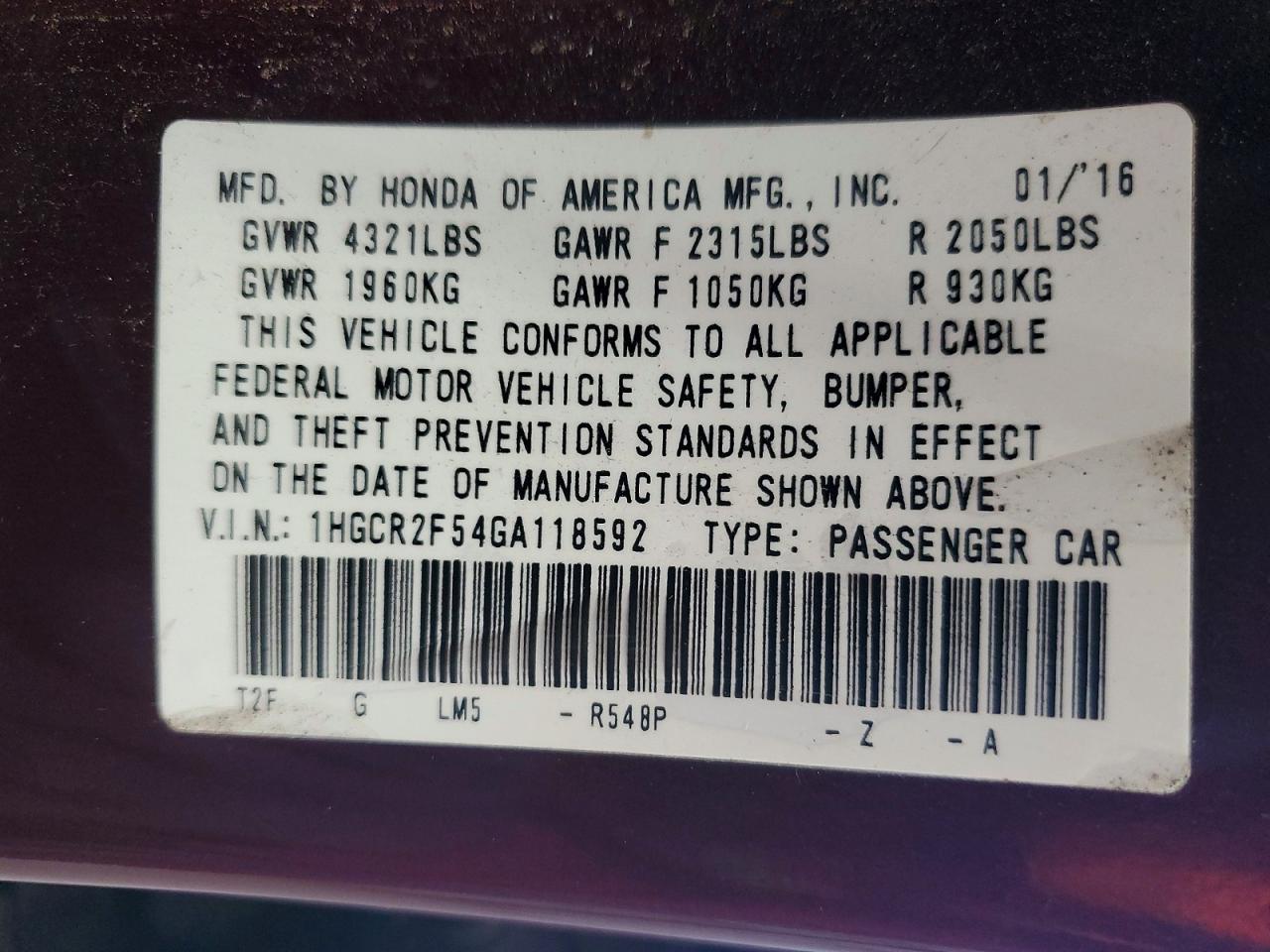 2016 HONDA ACCORD
