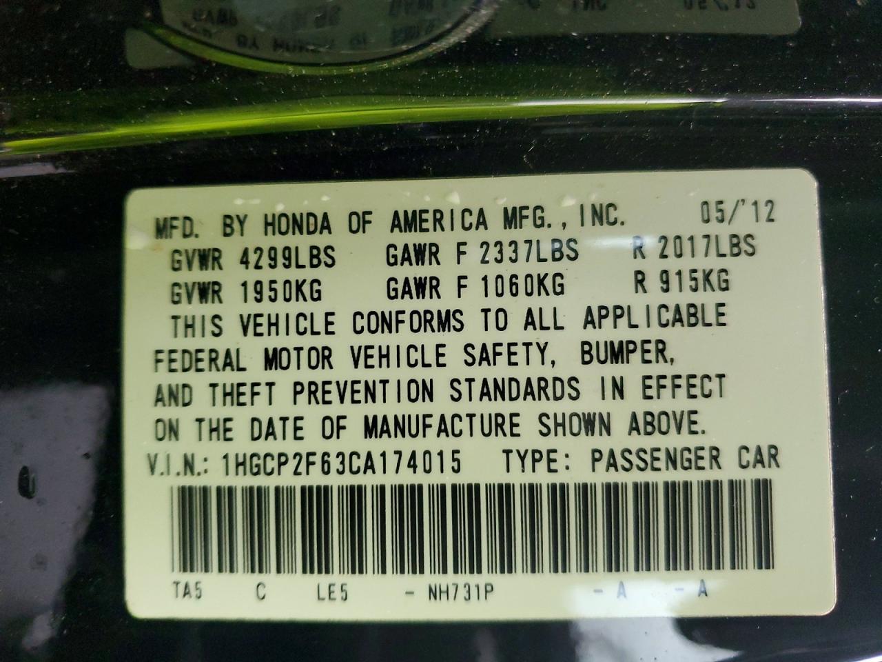 2012 HONDA ACCORD