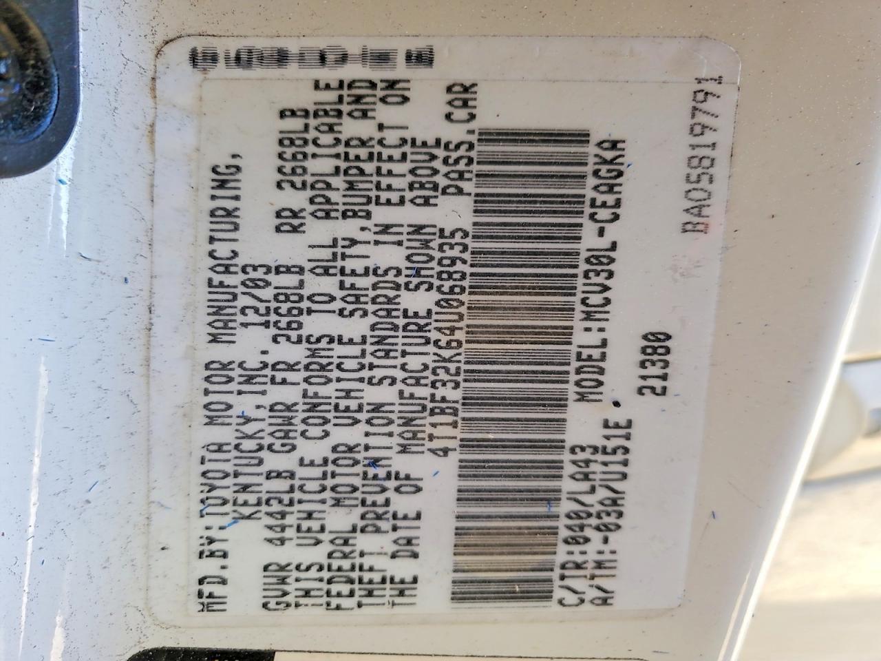 2004 TOYOTA CAMRY