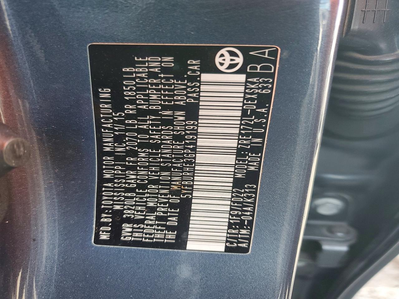 2016 TOYOTA COROLLA