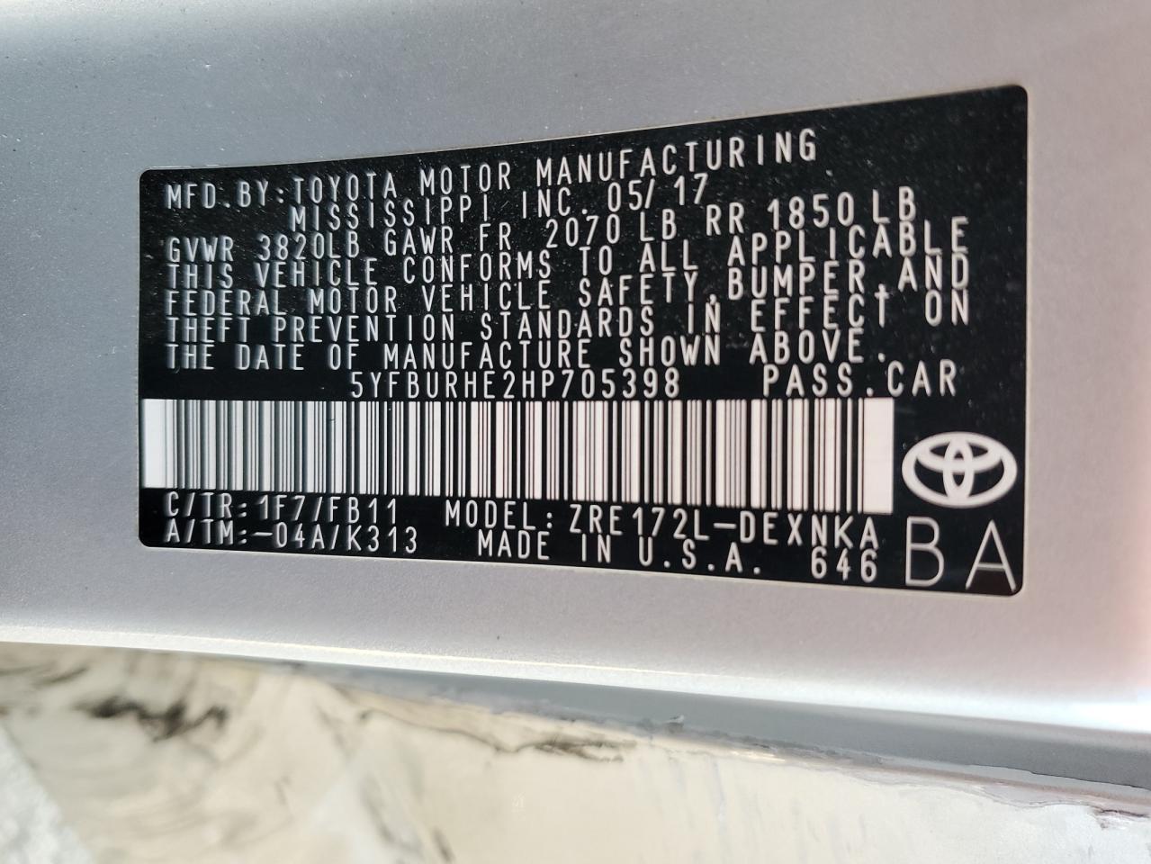 2017 TOYOTA COROLLA