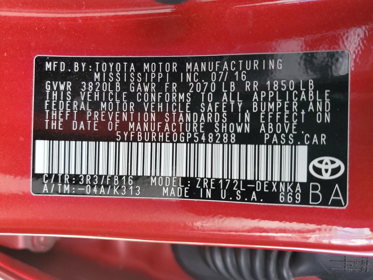 2016 TOYOTA COROLLA