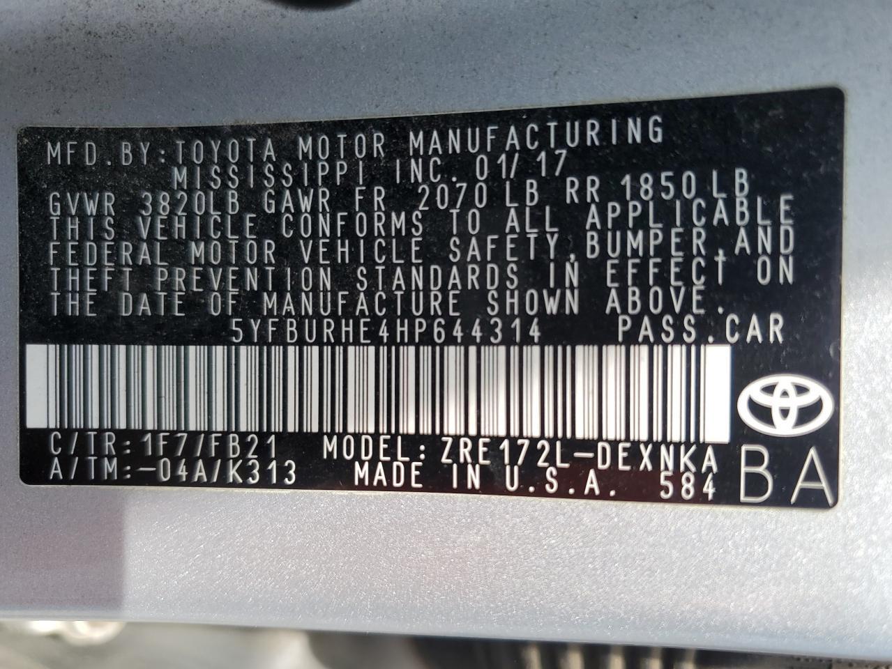 2017 TOYOTA COROLLA