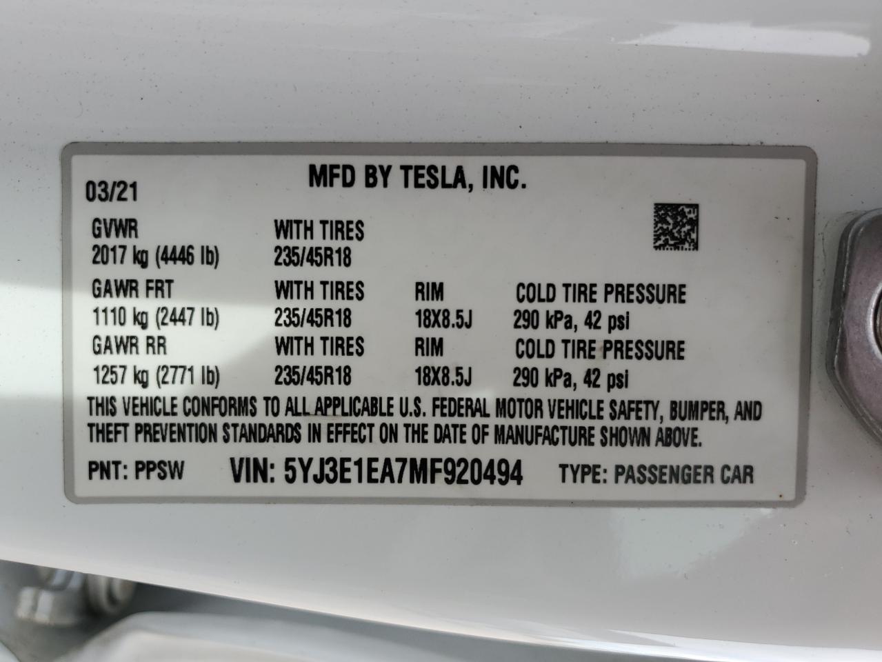 2021 TESLA MODEL 3