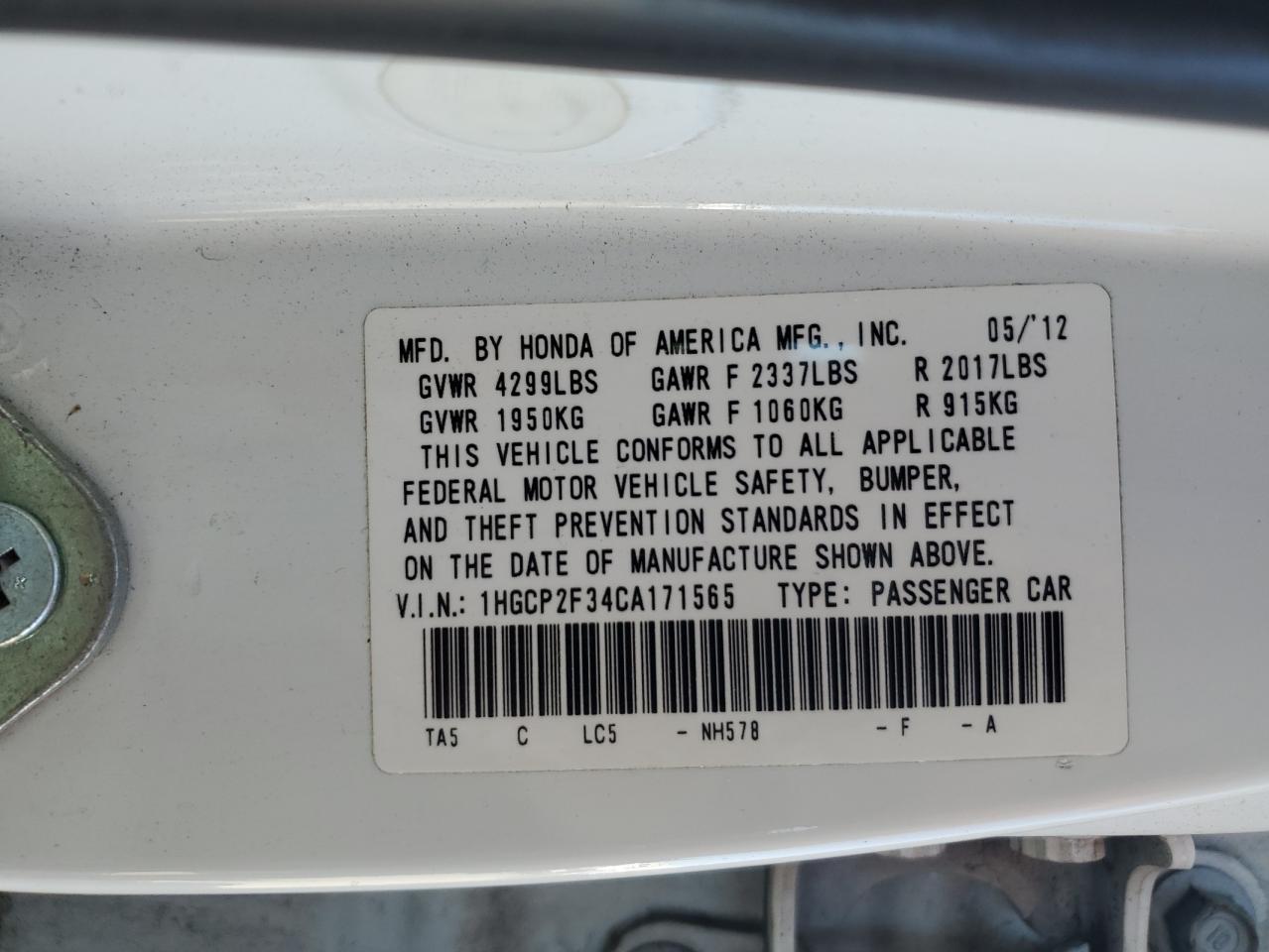2012 HONDA ACCORD