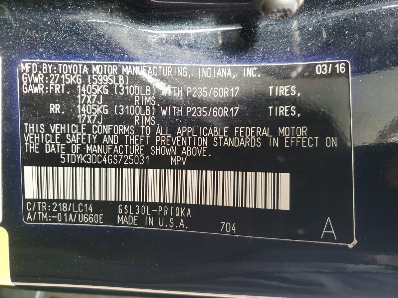 2016 TOYOTA SIENNA