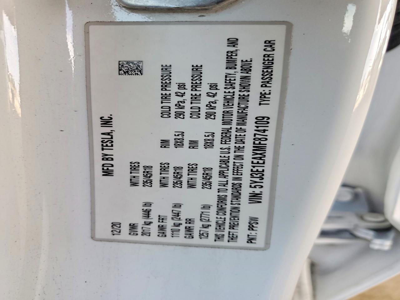 2021 TESLA MODEL 3