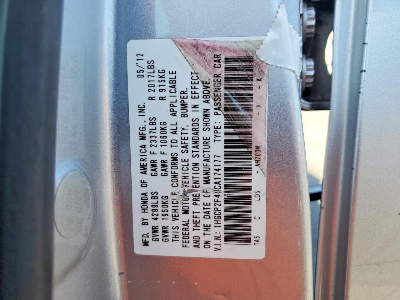 2012 HONDA ACCORD