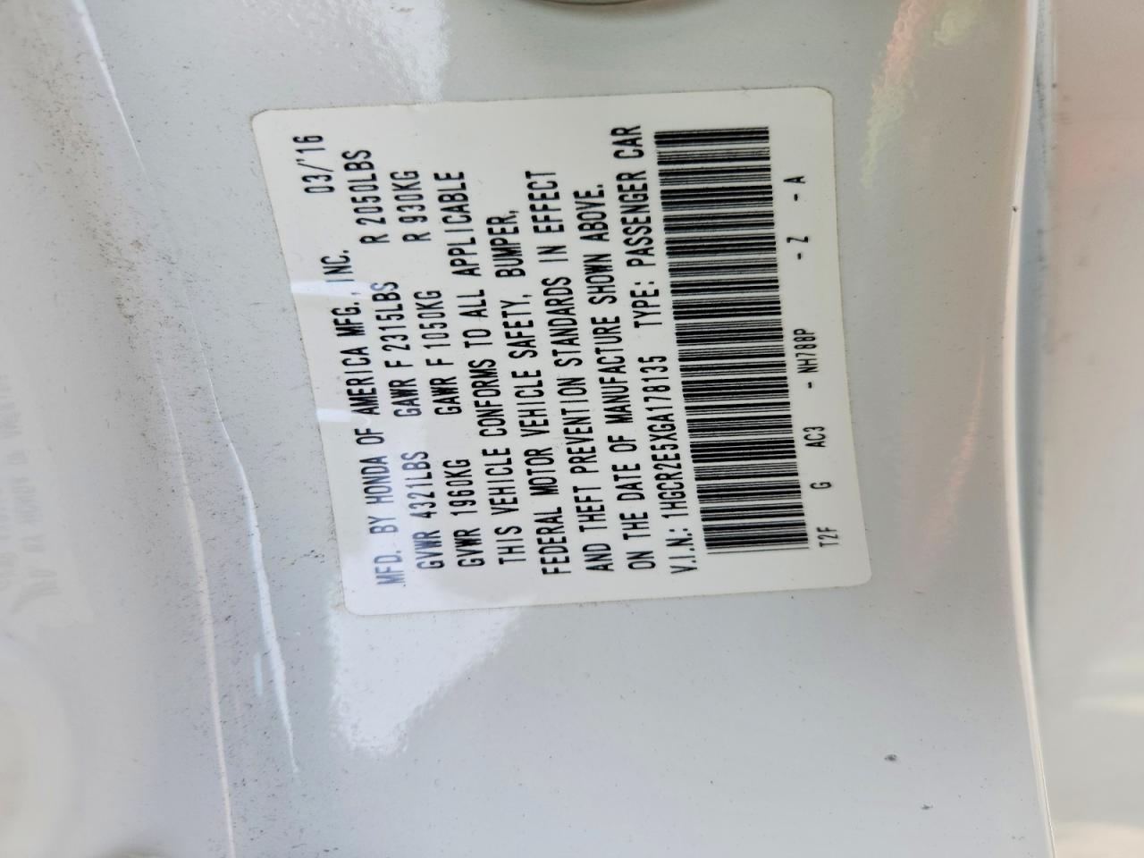 2016 HONDA ACCORD