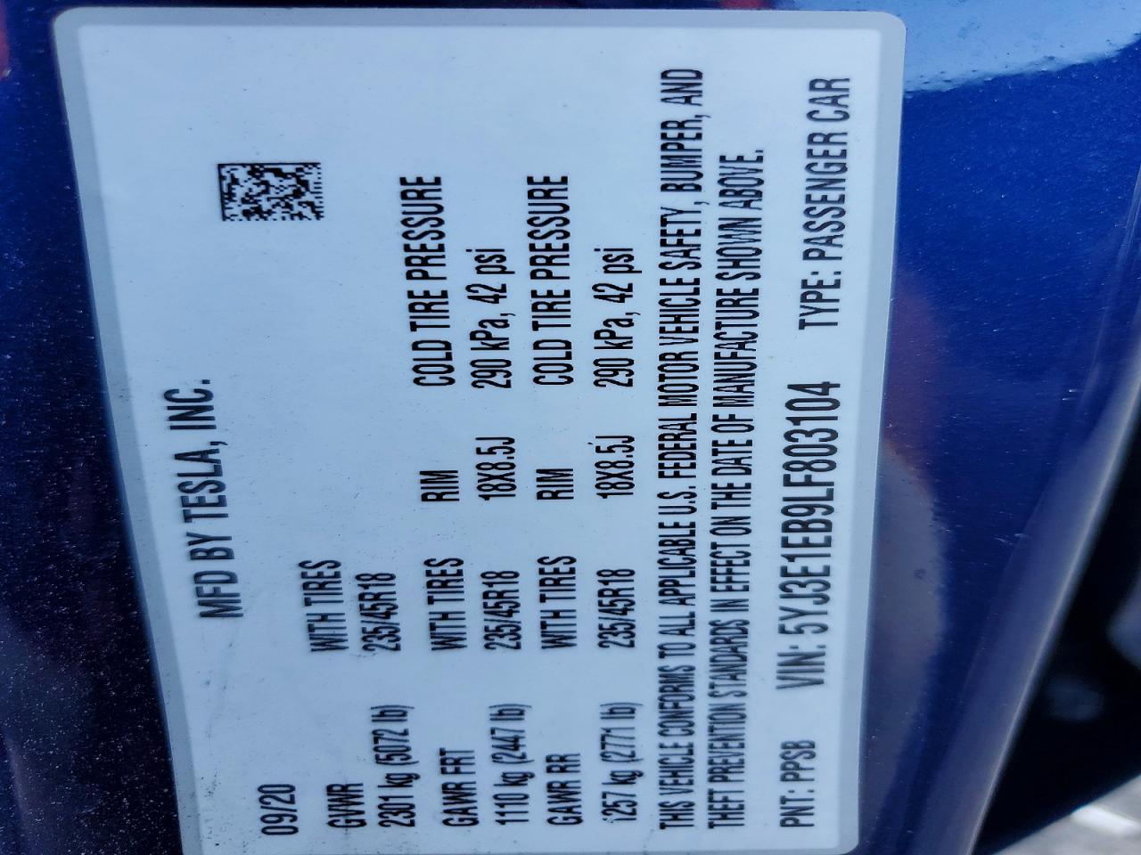 2020 TESLA MODEL 3