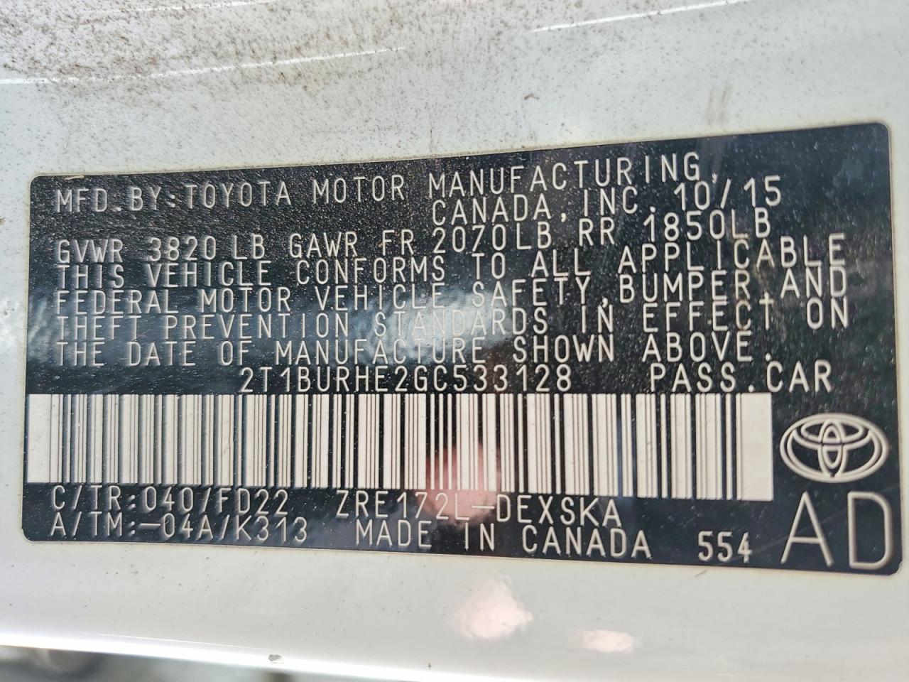 2016 TOYOTA COROLLA