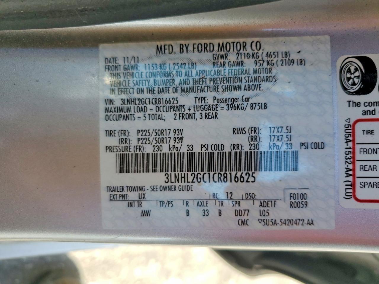 2012 LINCOLN MKZ