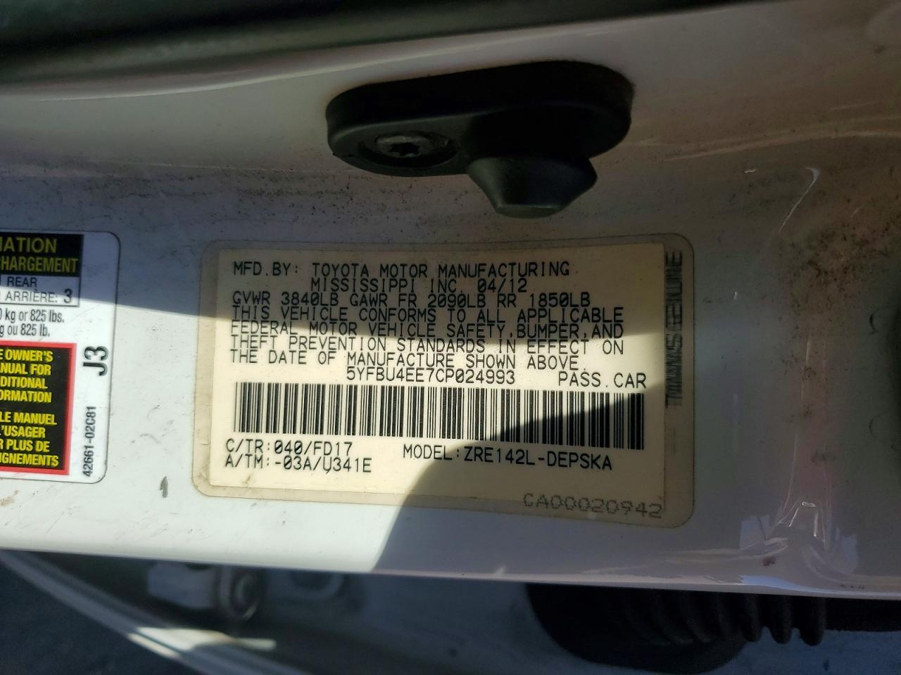 2012 TOYOTA COROLLA