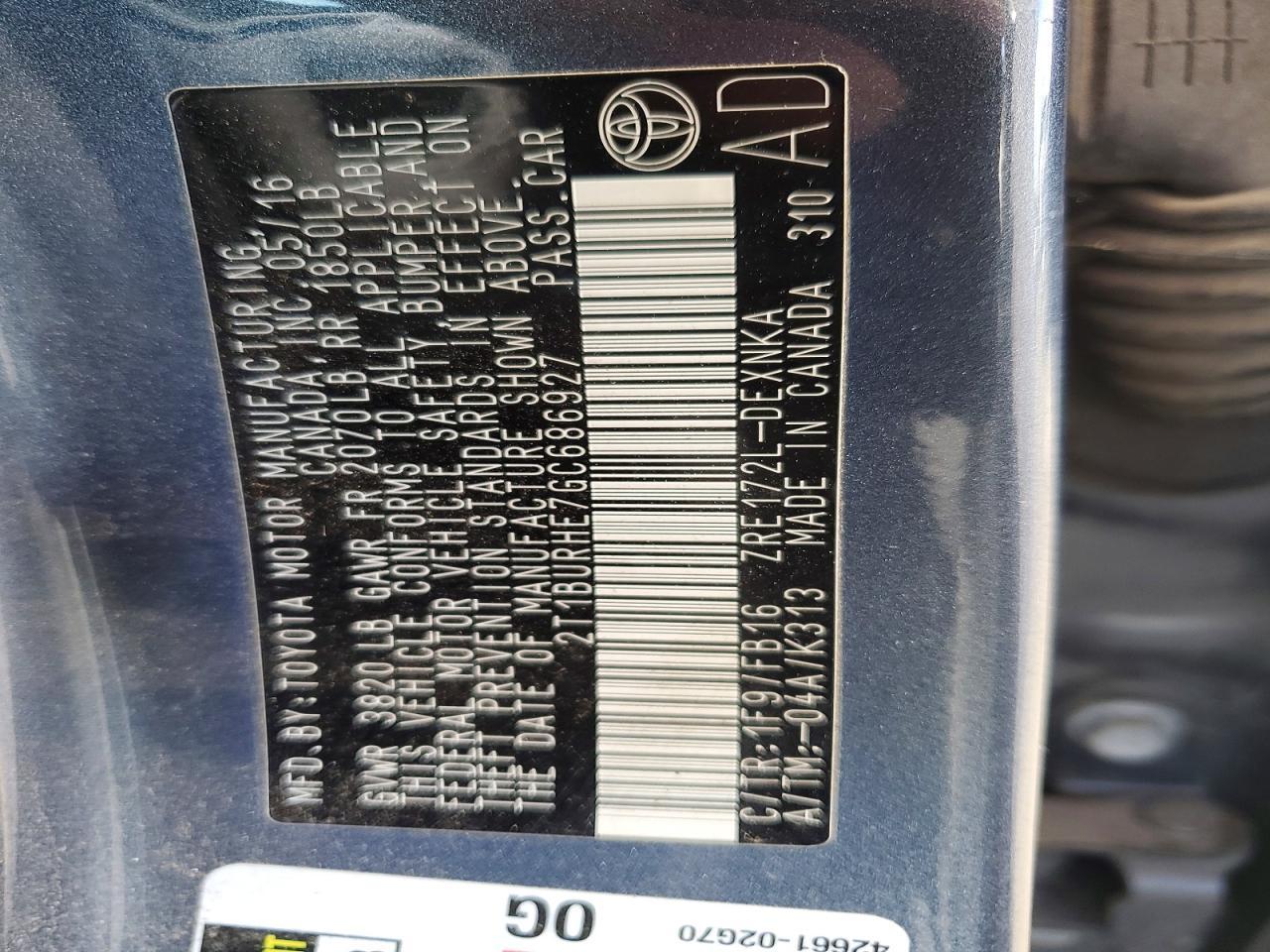 2016 TOYOTA COROLLA