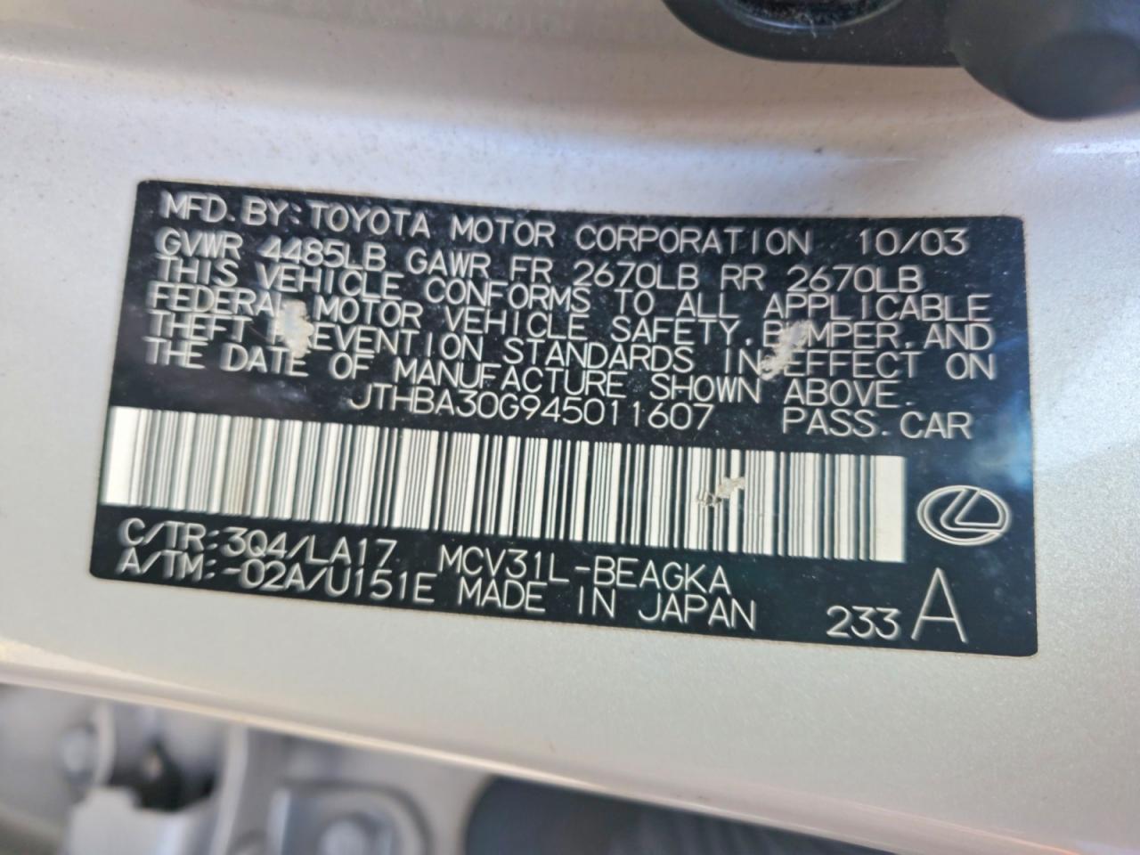 2004 LEXUS ES 330