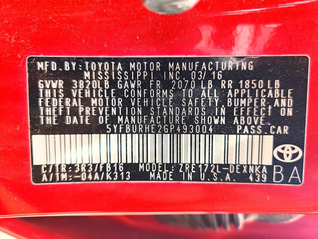 2016 TOYOTA COROLLA