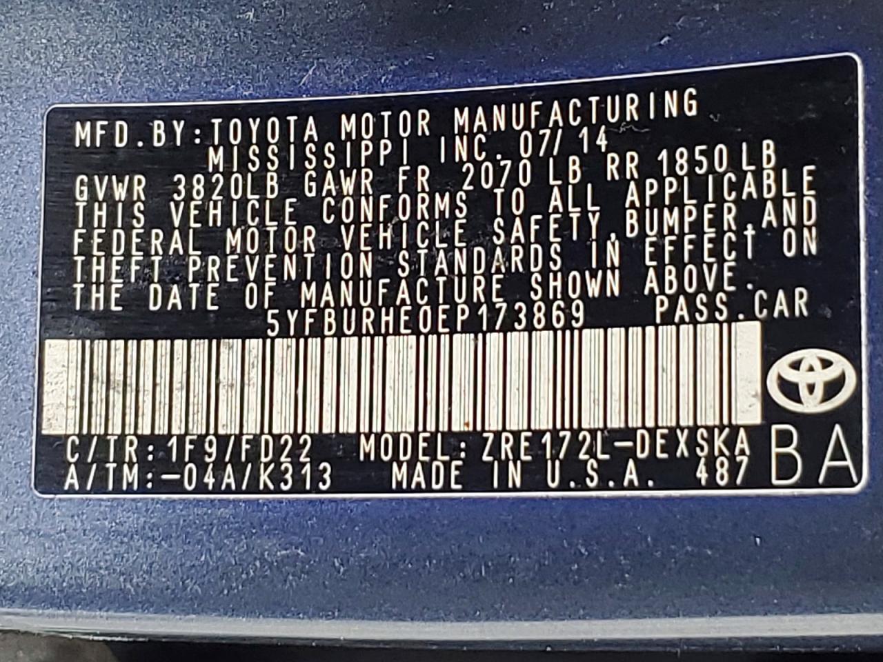 2014 TOYOTA COROLLA