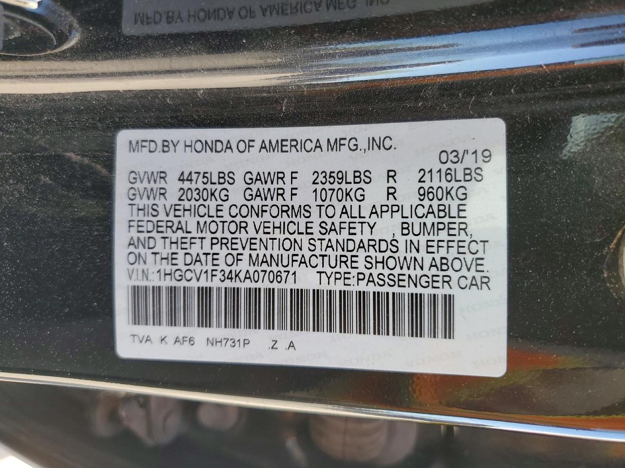 2019 HONDA ACCORD