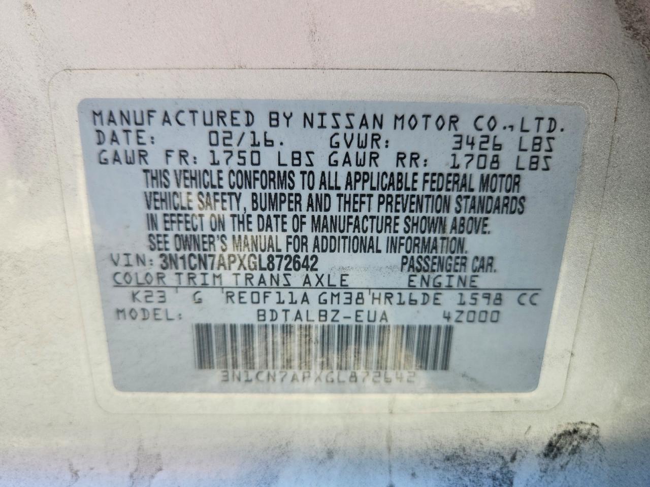 2016 NISSAN VERSA