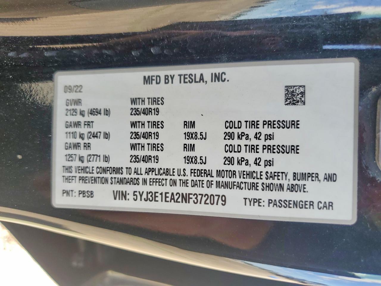 2022 TESLA MODEL 3