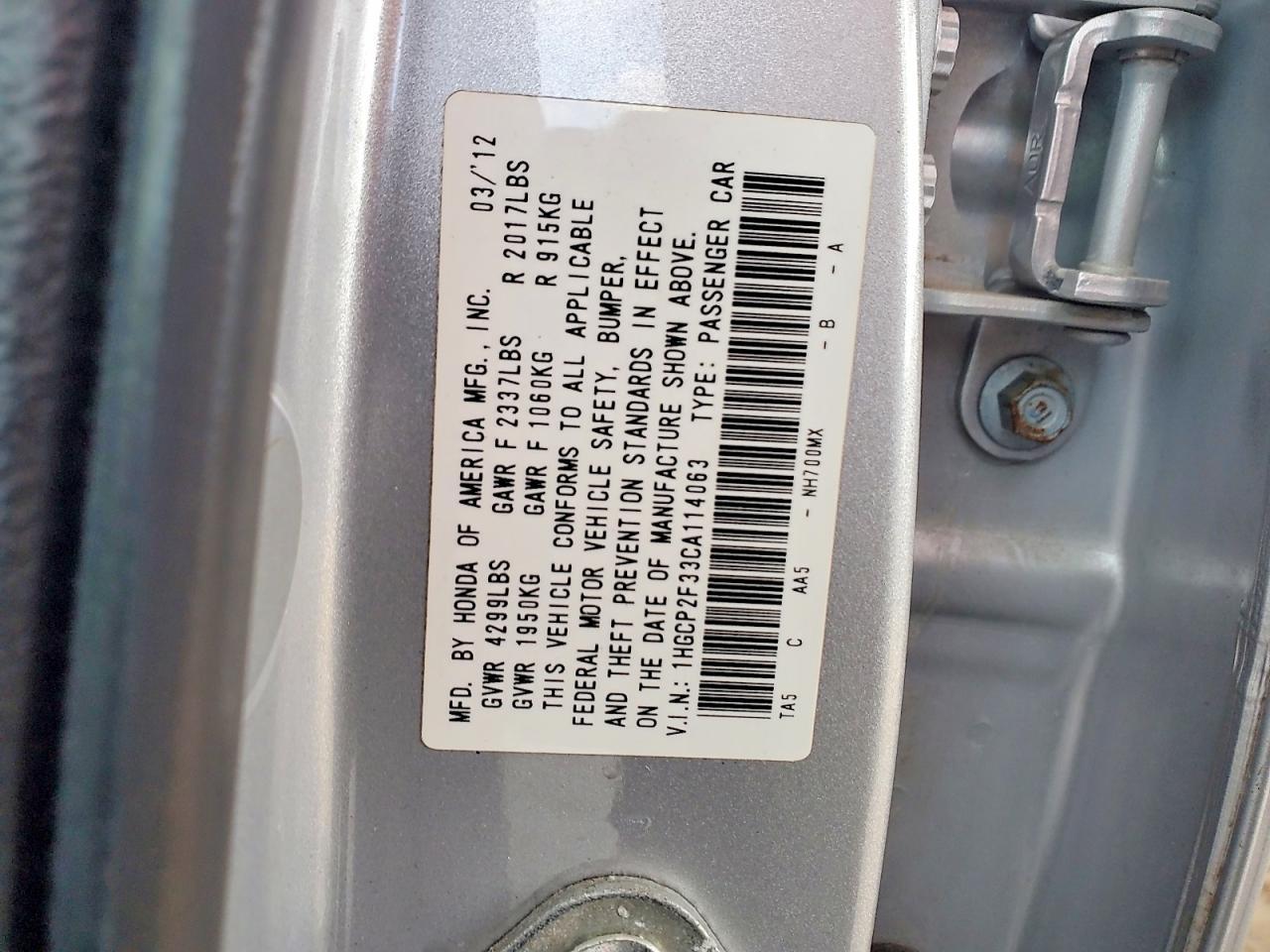2012 HONDA ACCORD