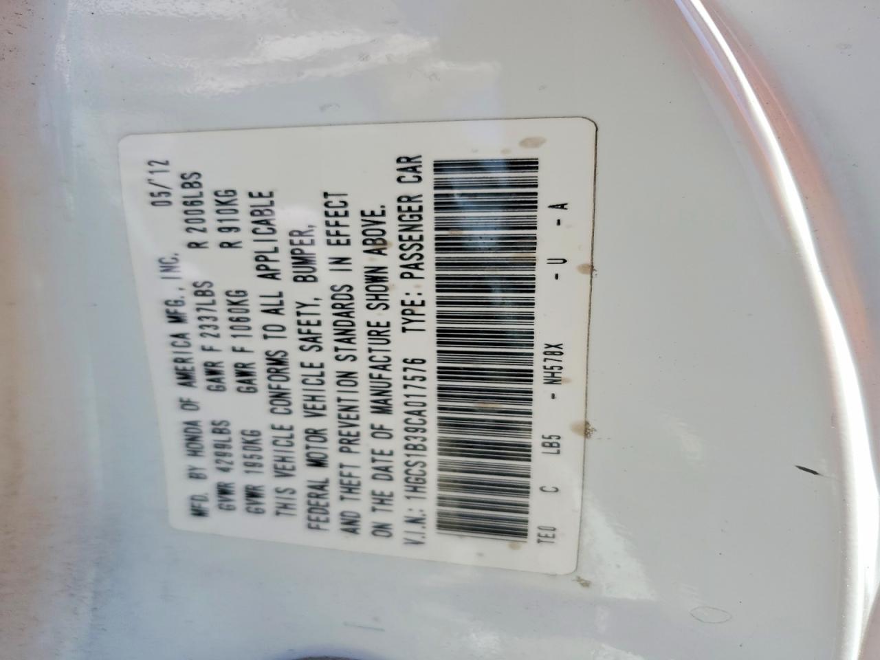 2012 HONDA ACCORD