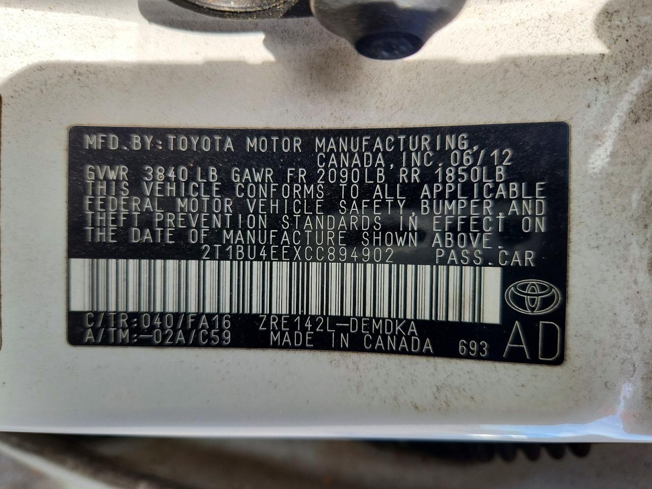 2012 TOYOTA COROLLA