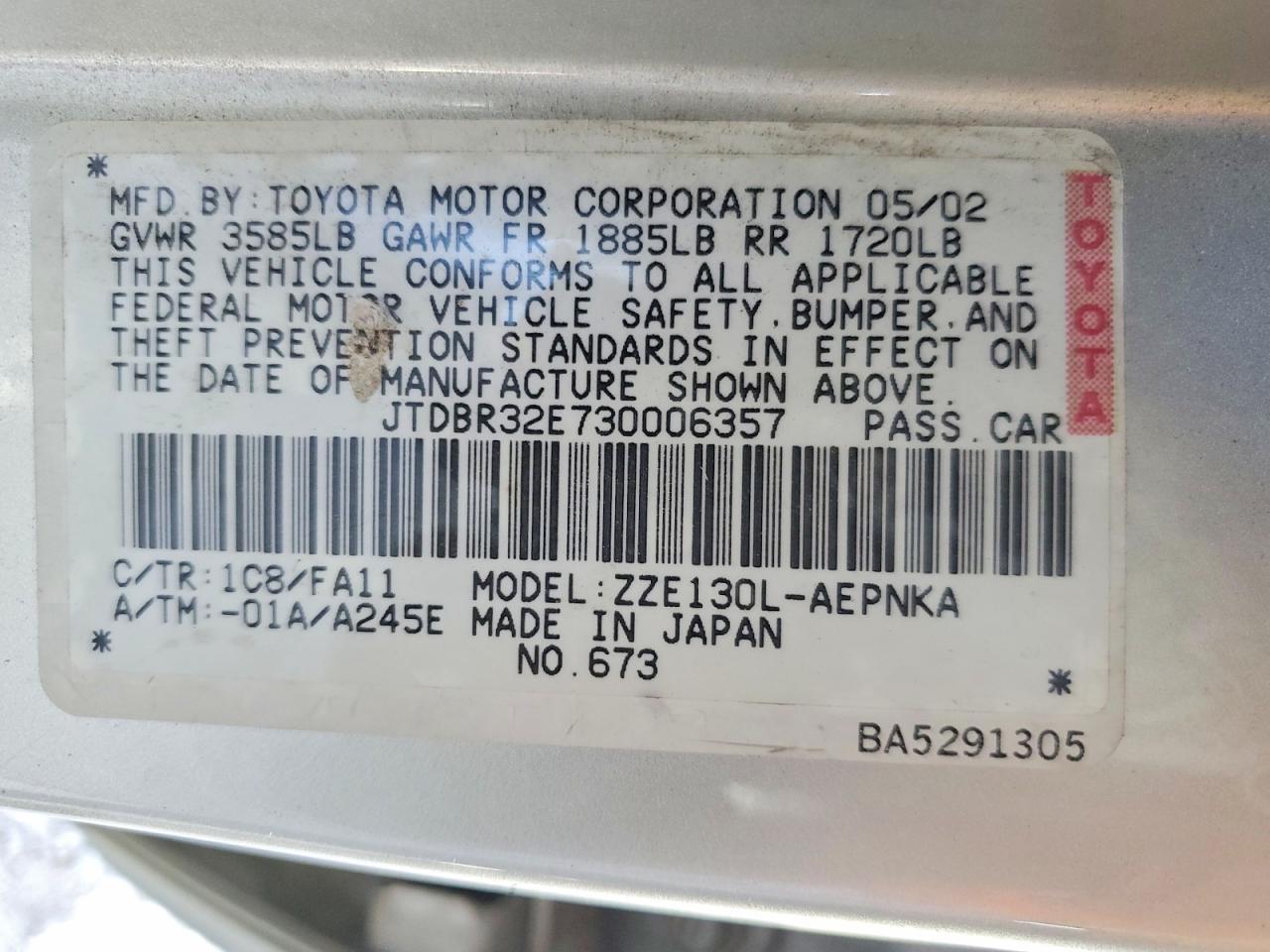 2003 TOYOTA COROLLA