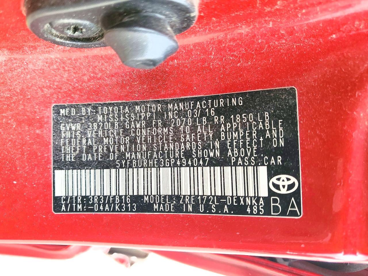 2016 TOYOTA COROLLA