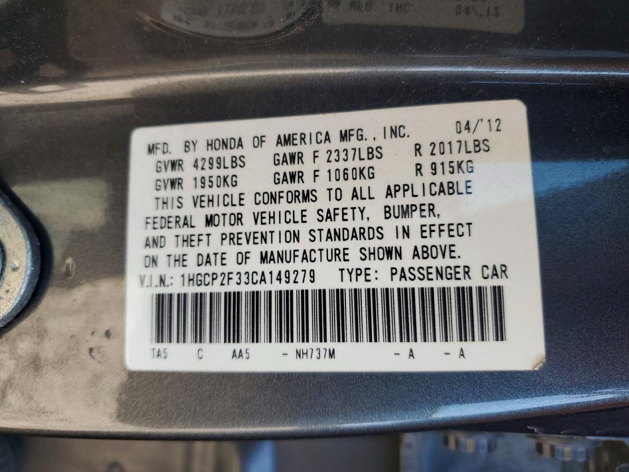 2012 HONDA ACCORD
