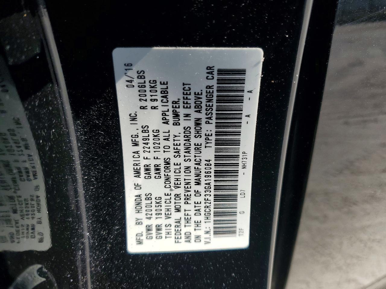 2016 HONDA ACCORD