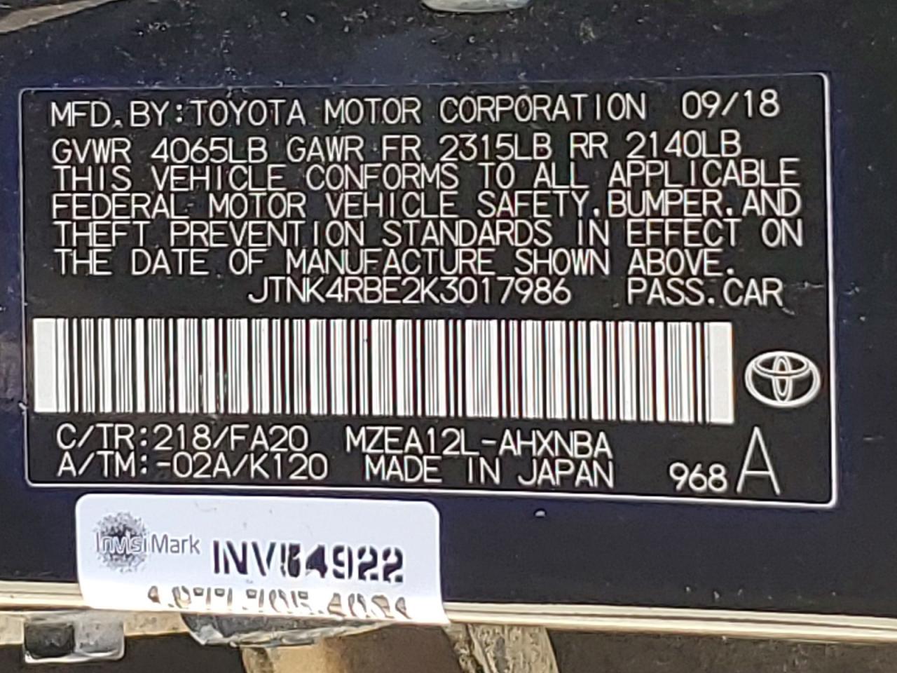 2019 TOYOTA COROLLA