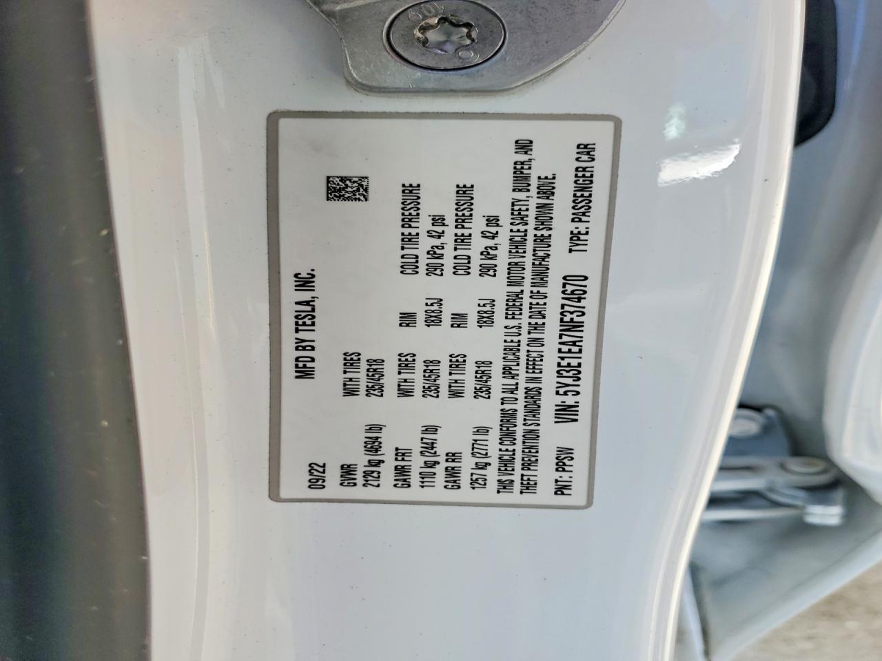 2022 TESLA MODEL 3