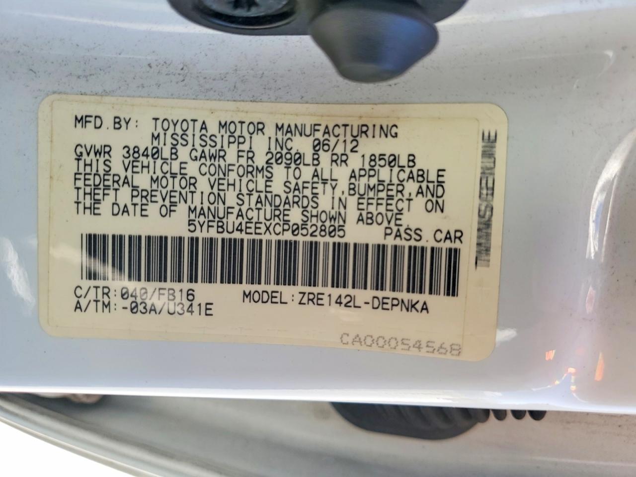 2012 TOYOTA COROLLA