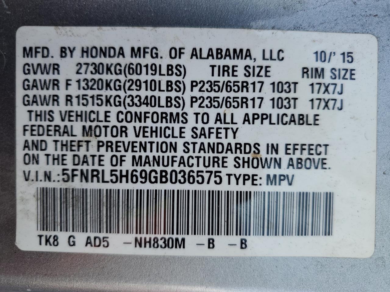 2016 HONDA ODYSSEY
