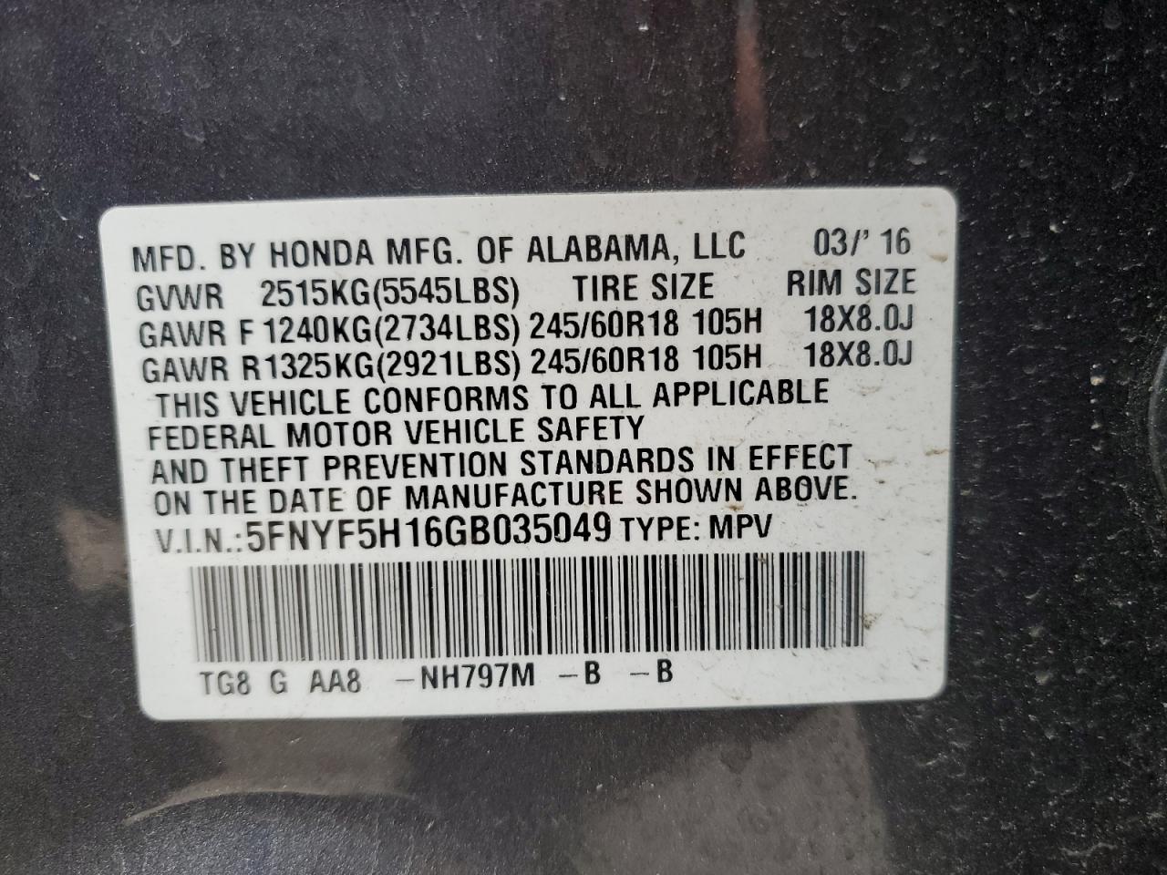 2016 HONDA PILOT