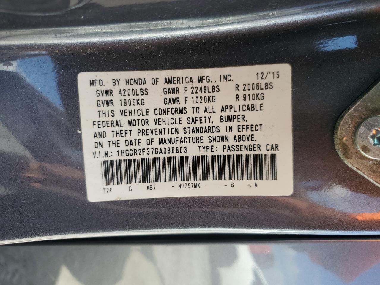 2016 HONDA ACCORD