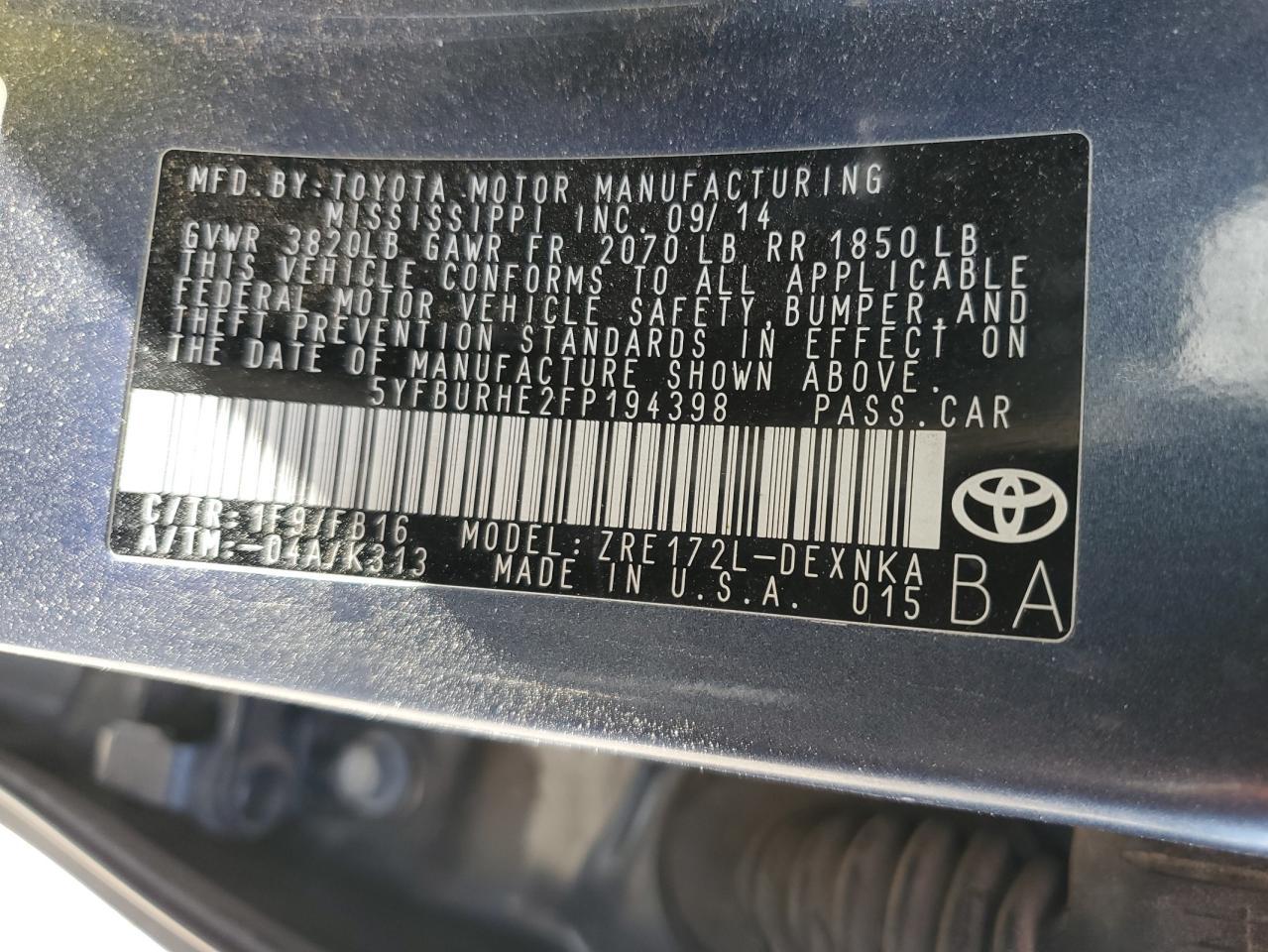 2015 TOYOTA COROLLA